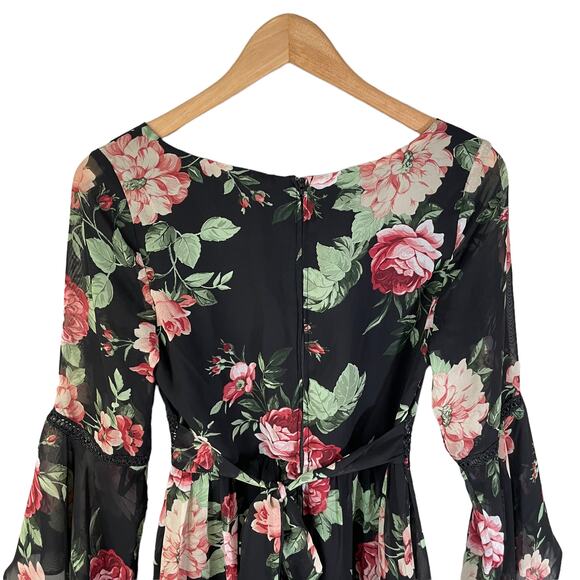 Y2K BCX Babydoll Sheer Bell Sleeve Floral Mini Dress Black Multi 3 Whimsigoth - Picture 5 of 12